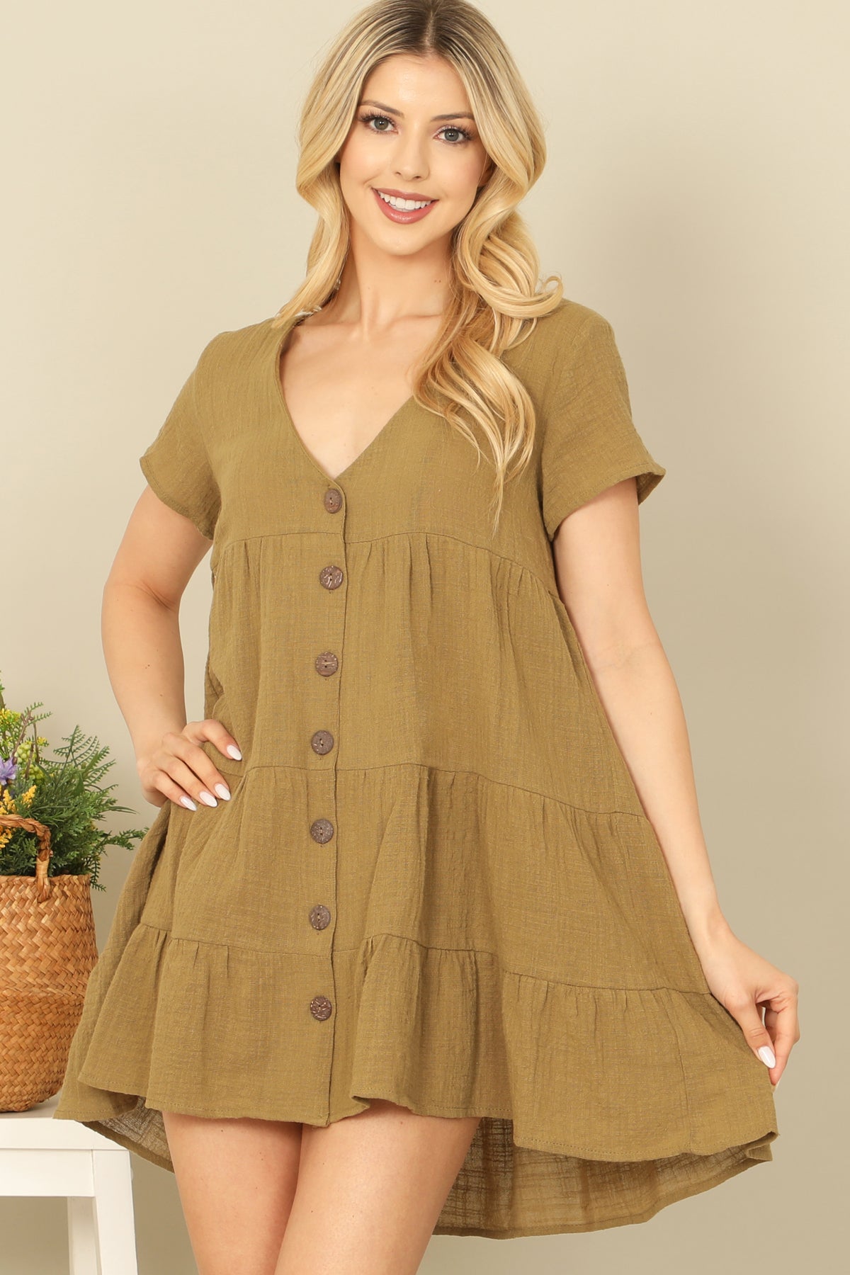 OLIVE SHORT SLEEVE V-NECK BUTTON DOWN SOLID BABYDOLL DRESS 2-2-1