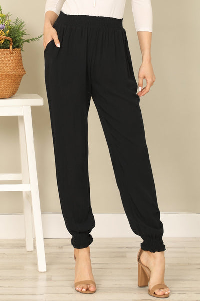 BLACK SMOCKED WAIST AND BOTTOM HEM SIDE POCKET SOLID PANTS 2-2-1