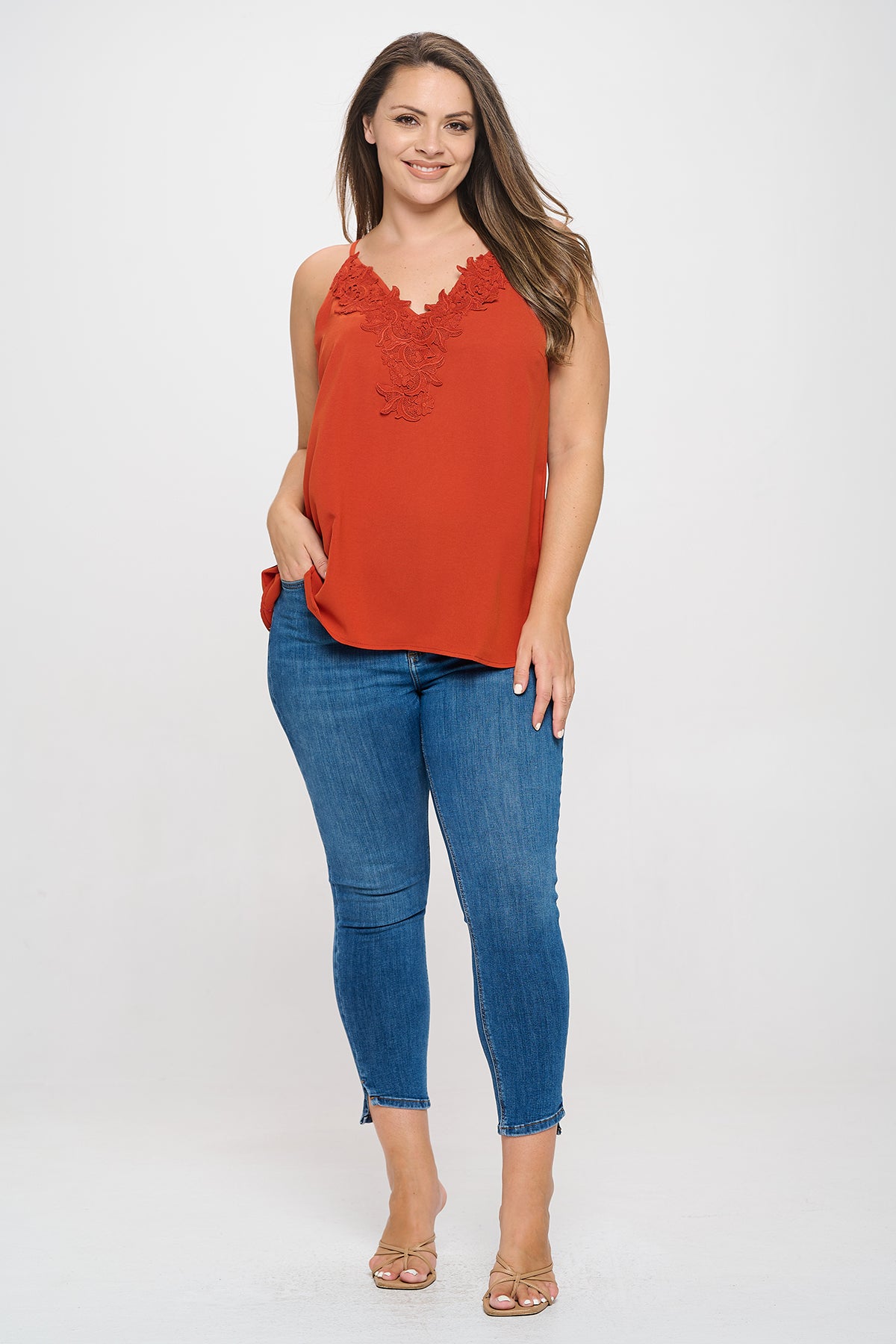 RUST PLUS SIZE SPAGHETTI STRAP FLORAL LACE DETAIL SOLID TOP 3-2-1