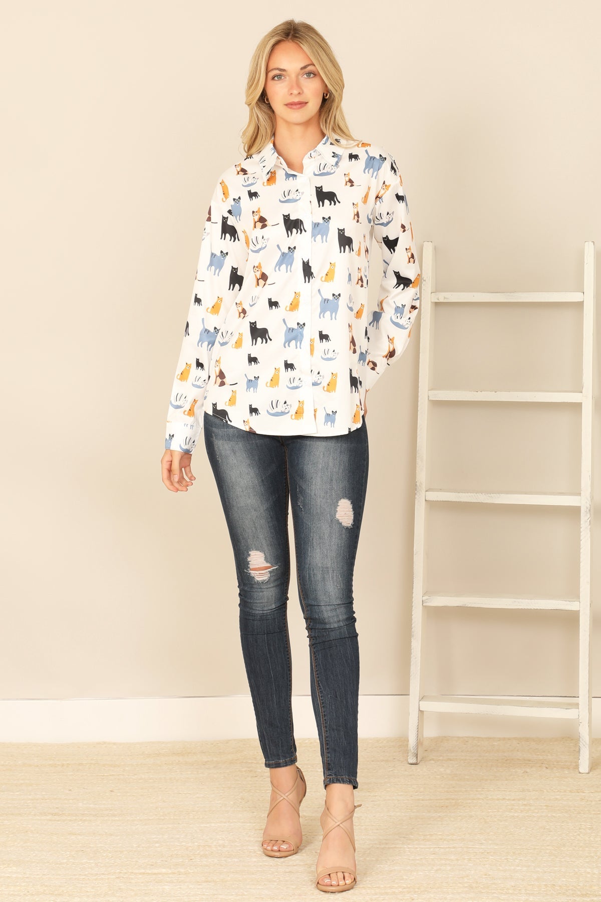 OFF-WHITE COLLARED LONG SLEEVE CAT PRINT TOP 2-2-2