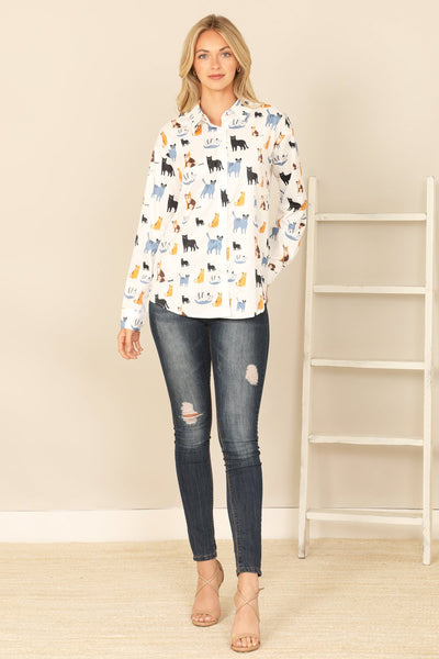 OFF-WHITE COLLARED LONG SLEEVE CAT PRINT TOP 2-2-2