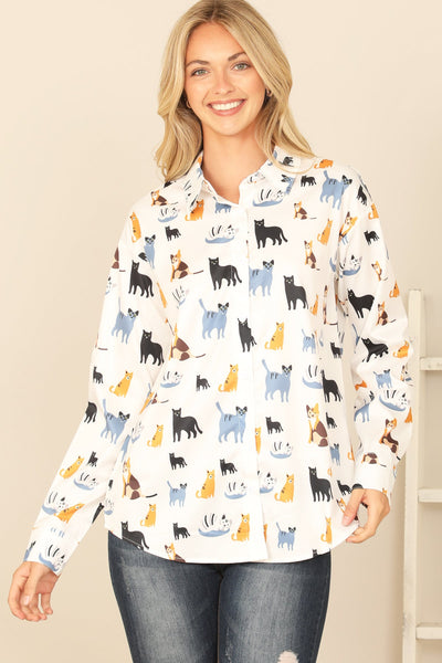 OFF-WHITE COLLARED LONG SLEEVE CAT PRINT TOP 2-2-2