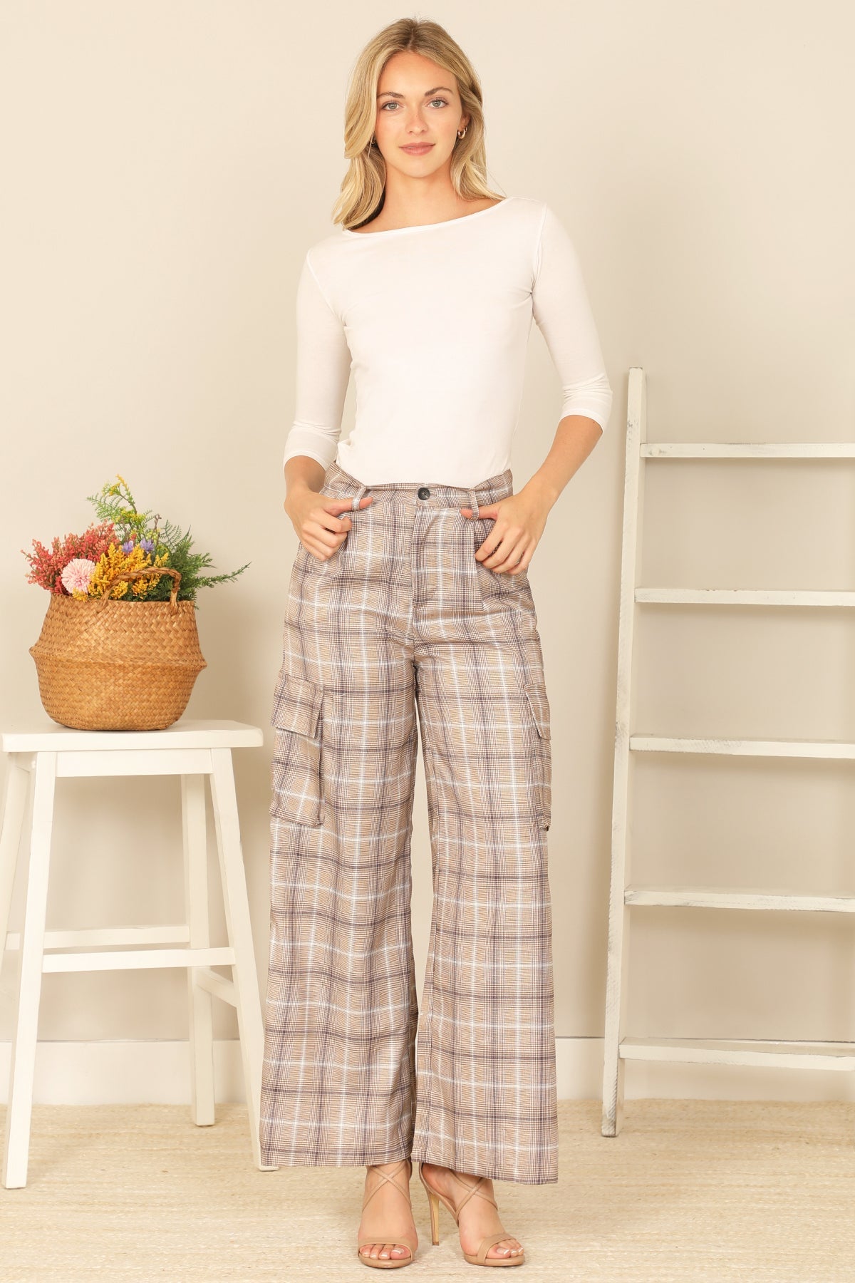 MOCHA COMBO CARGO PLAID PANTS 2-2-2