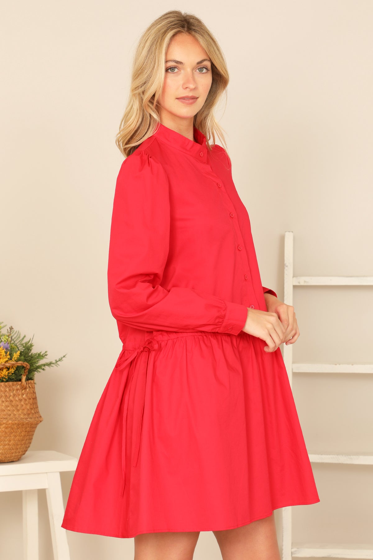 RED MANDARIN COLLAR LONG SLEEVE SOLID DRESS 2-2-2