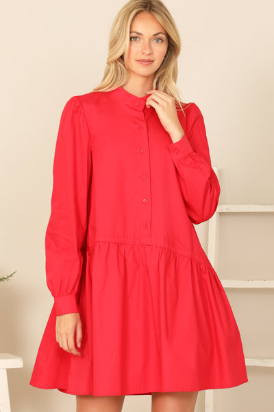 RED MANDARIN COLLAR LONG SLEEVE SOLID DRESS 2-2-2