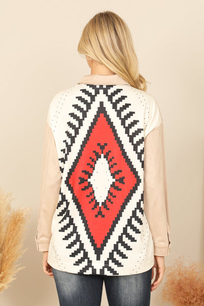 TAN COMBO BUTTON DETAIL LONG SLEEVE PRINTED BACK TOP 2-2-2