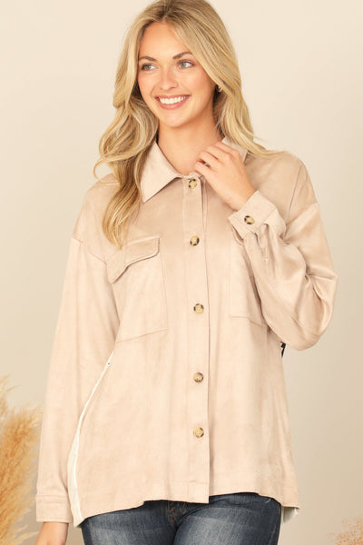 TAN COMBO BUTTON DETAIL LONG SLEEVE PRINTED BACK TOP 2-2-2