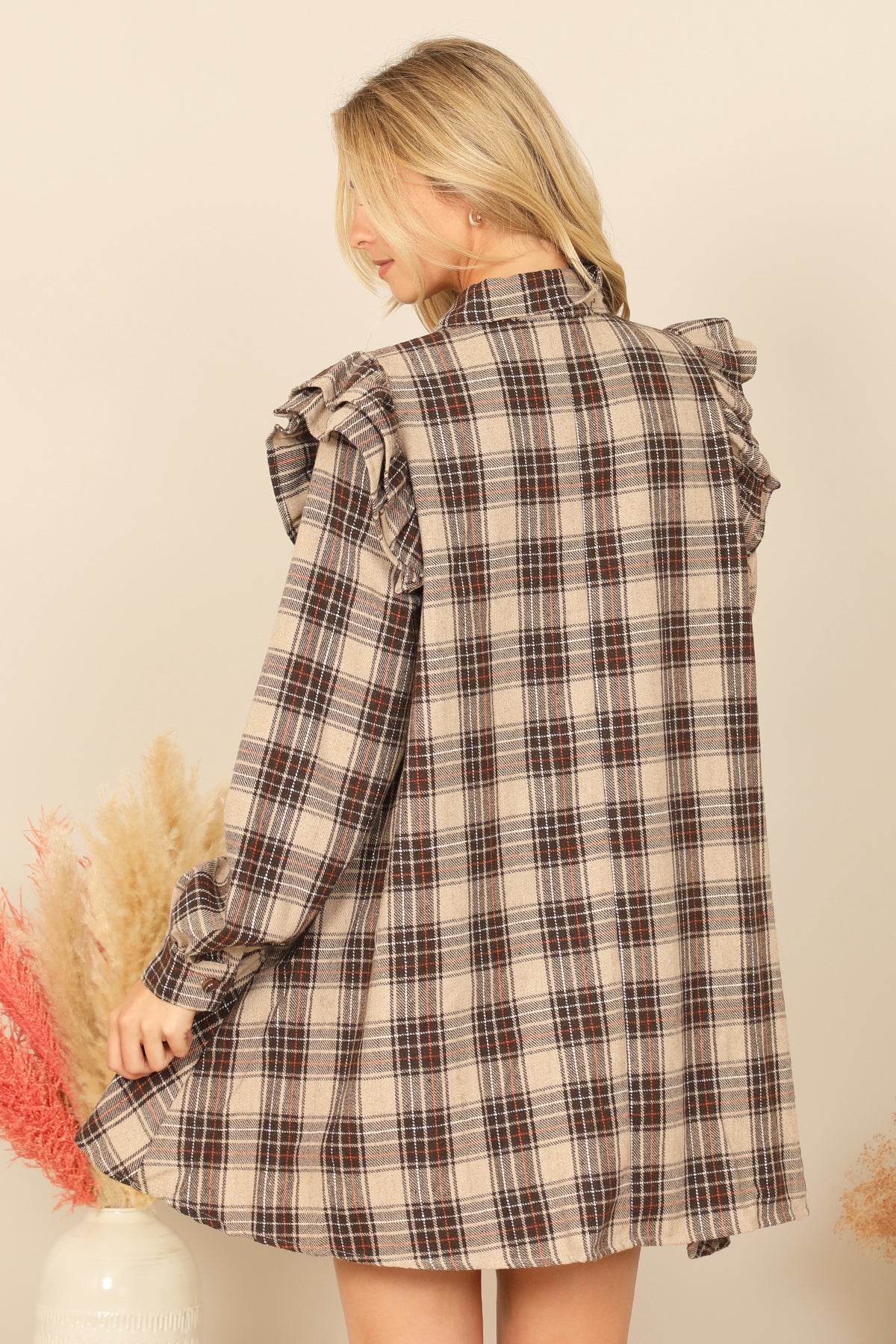 BROWN MIX LONG SLEEVE RUFFLE DETAIL PLAID DRESS 2-2-2 MYS Wholesale BROWN MIX LONG SLEEVE RUFFLE DETAIL PLAID DRESS 2-2-2 MYS Wholesale