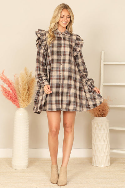 BROWN MIX LONG SLEEVE RUFFLE DETAIL PLAID DRESS 2-2-2