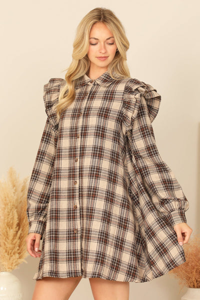 BROWN MIX LONG SLEEVE RUFFLE DETAIL PLAID DRESS 2-2-2