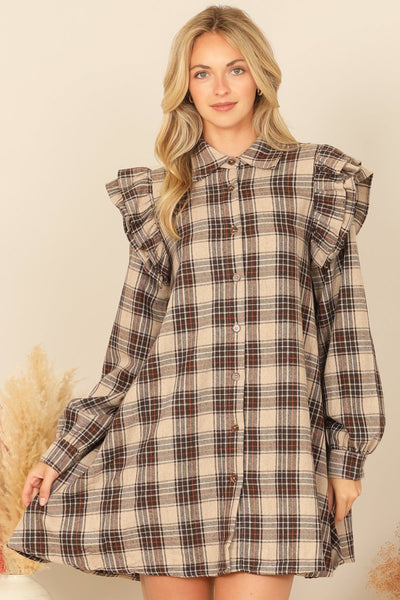 BROWN MIX LONG SLEEVE RUFFLE DETAIL PLAID DRESS 2-2-2