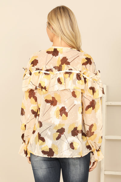 CREAM BROWN RUFFLE DETAIL LONG SLEEVE PRINTED TOP 2-2-2