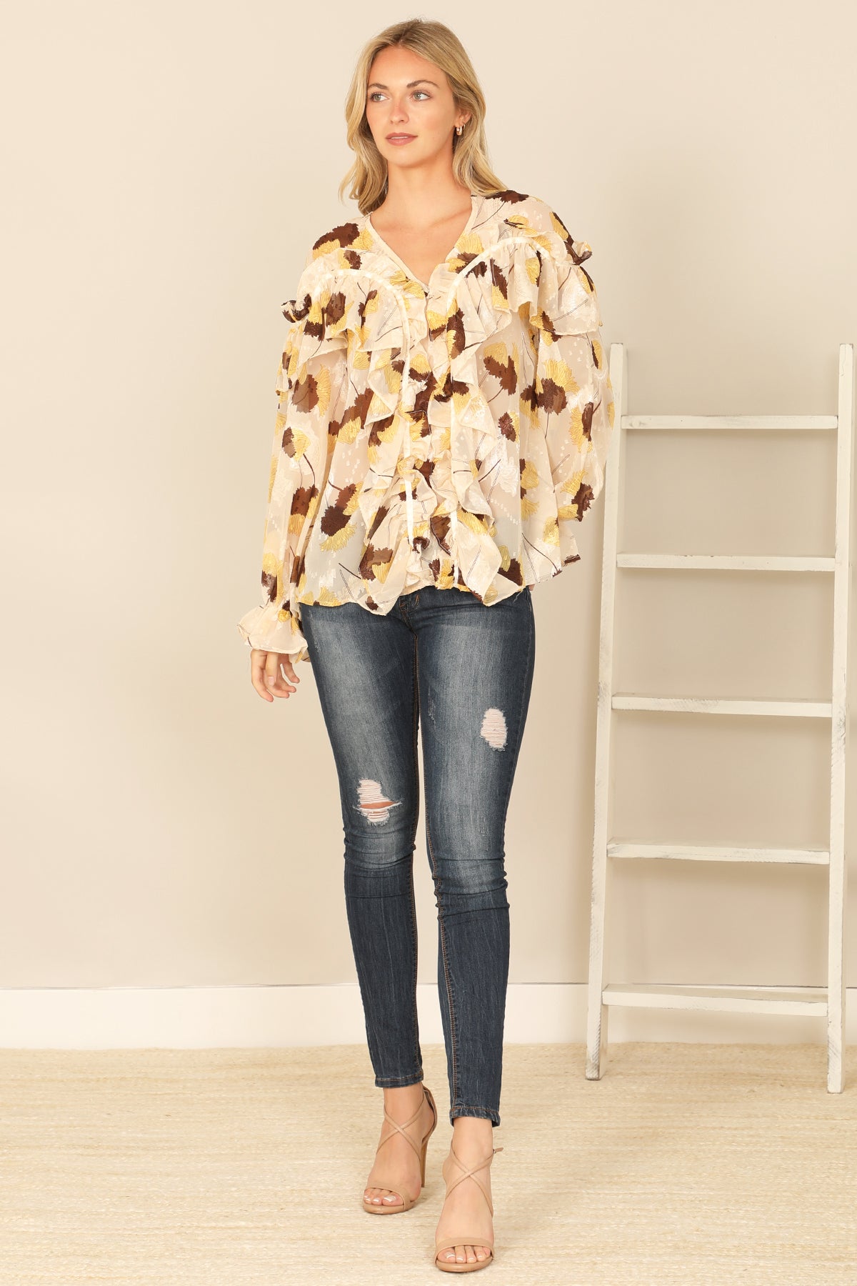 CREAM BROWN RUFFLE DETAIL LONG SLEEVE PRINTED TOP 2-2-2