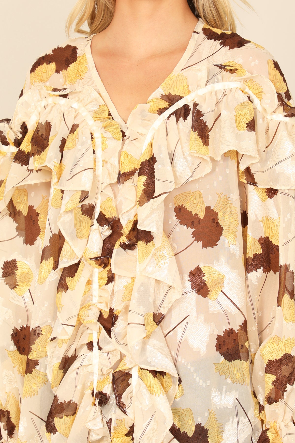 CREAM BROWN RUFFLE DETAIL LONG SLEEVE PRINTED TOP 2-2-2