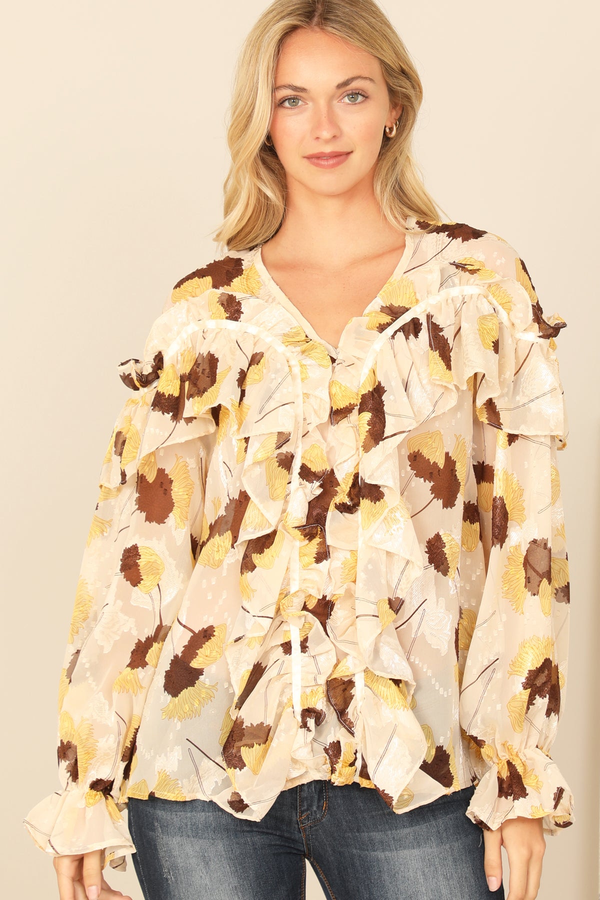 CREAM BROWN RUFFLE DETAIL LONG SLEEVE PRINTED TOP 2-2-2