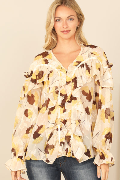 CREAM BROWN RUFFLE DETAIL LONG SLEEVE PRINTED TOP 2-2-2