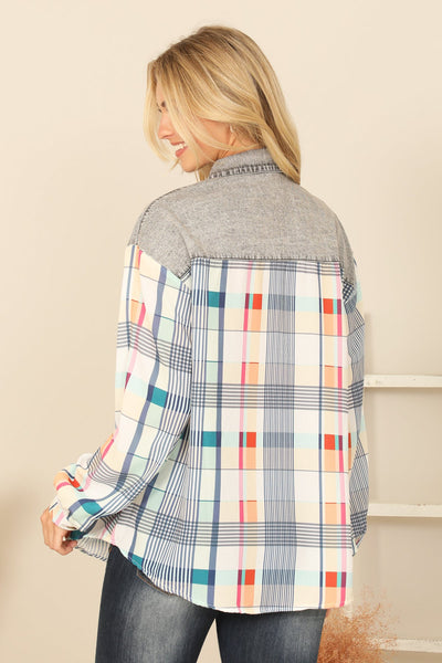 DENIM GREY COMBO LONG SLEEVE PLAID TOP 2-2-2