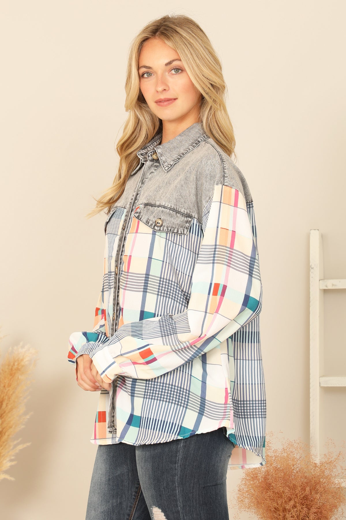 DENIM GREY COMBO LONG SLEEVE PLAID TOP 2-2-2