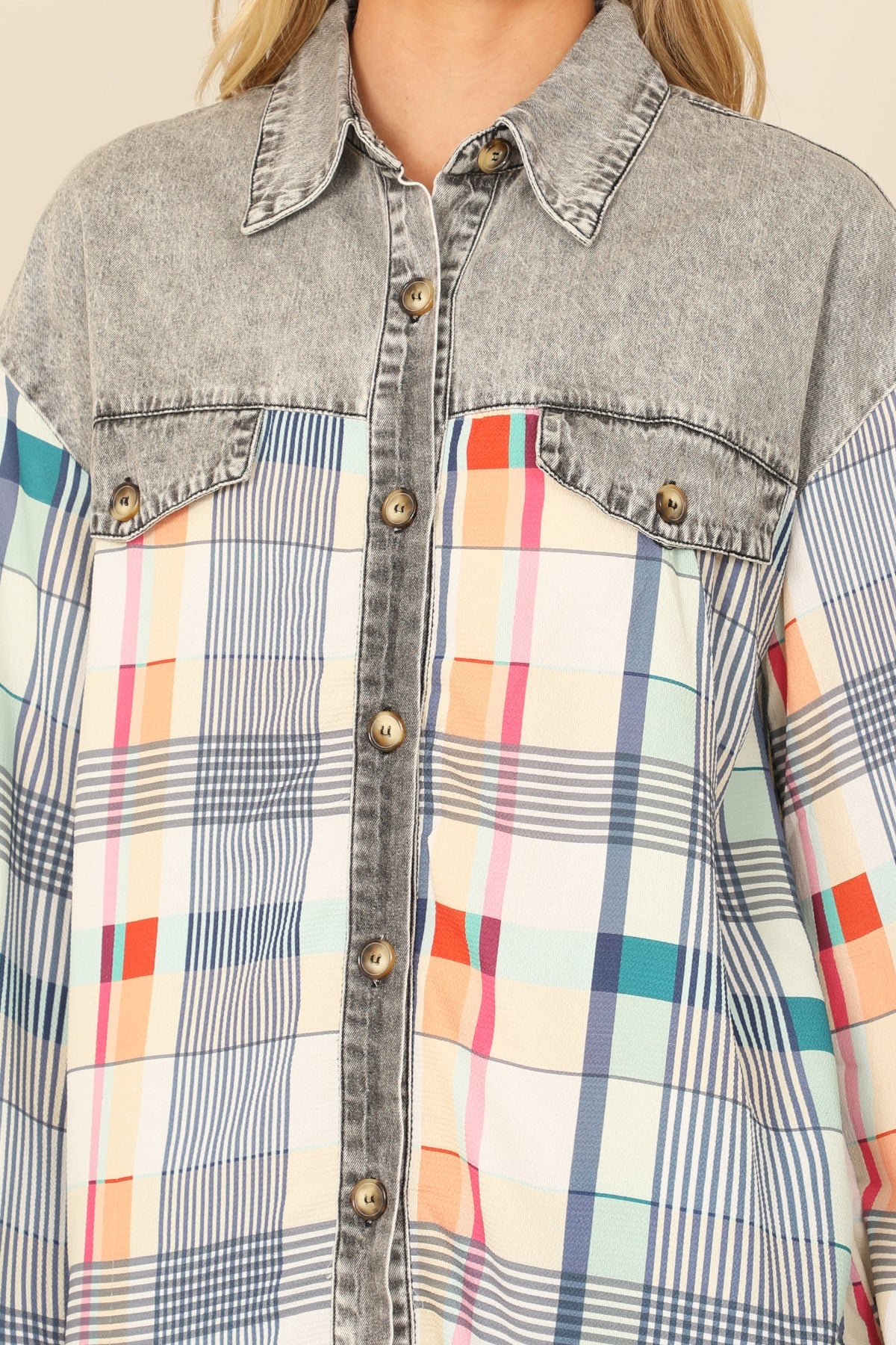 DENIM GREY COMBO LONG SLEEVE PLAID TOP 2-2-2