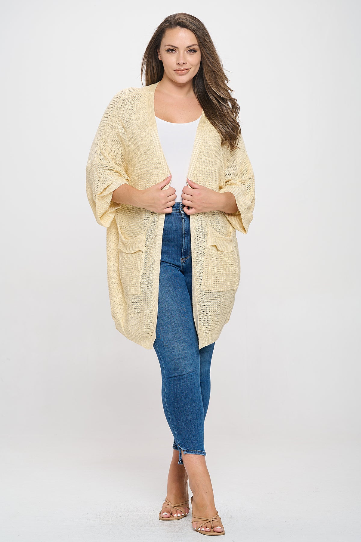 CREAM PLUS SIZE LONG SLEEVE OPEN KNITTED CARDIGAN 3-2-1