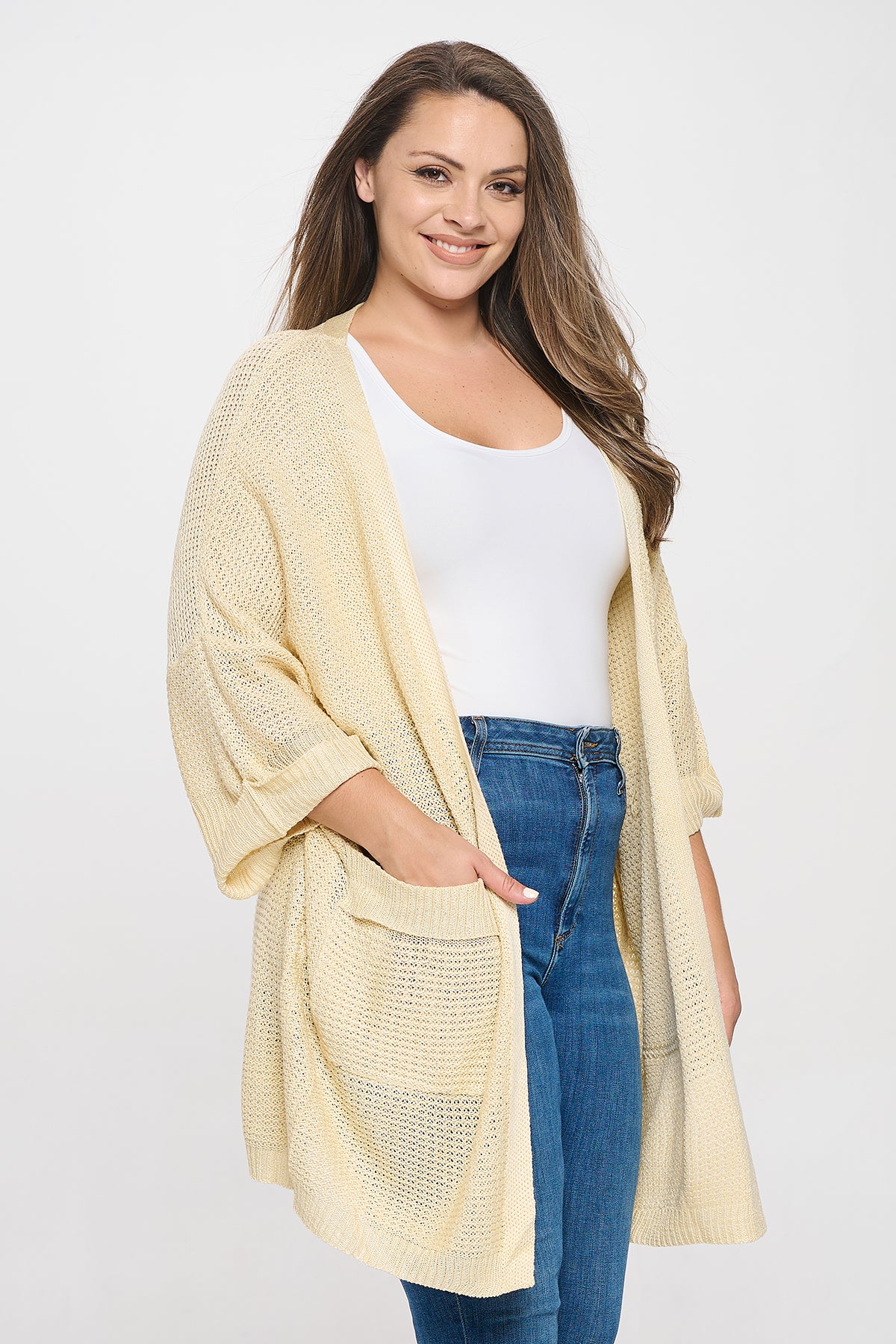 CREAM PLUS SIZE LONG SLEEVE OPEN KNITTED CARDIGAN 3-2-1