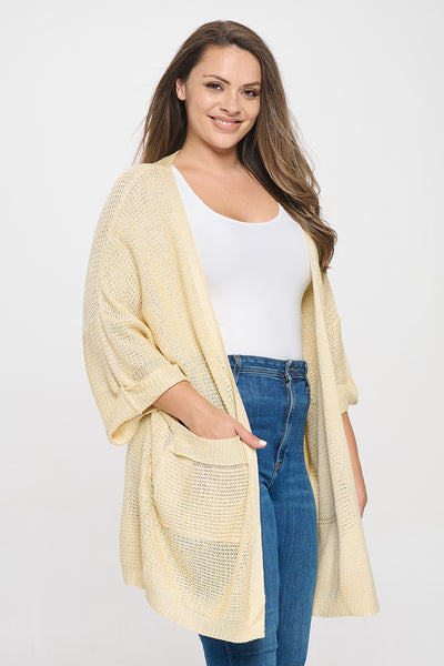 CREAM PLUS SIZE LONG SLEEVE OPEN KNITTED CARDIGAN 3-2-1