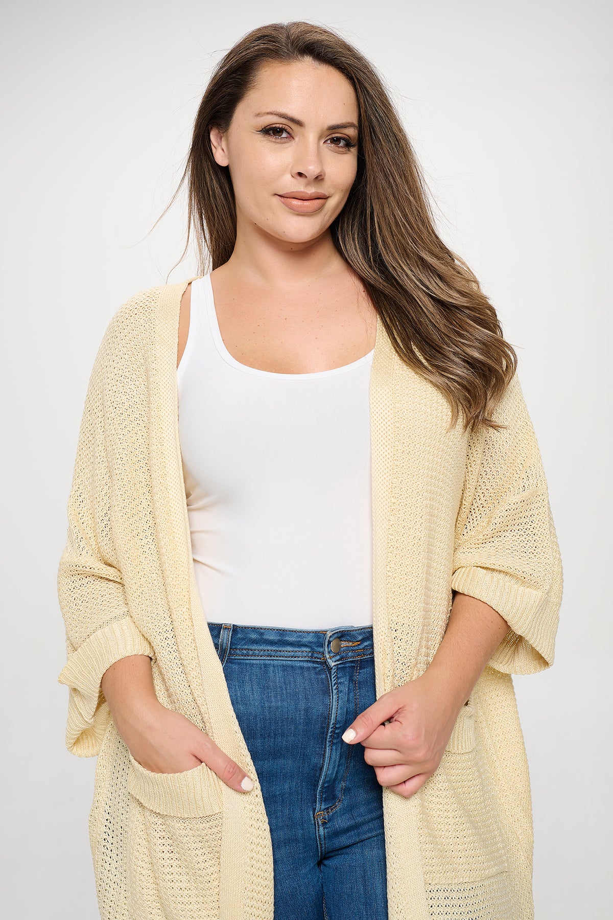 CREAM PLUS SIZE LONG SLEEVE OPEN KNITTED CARDIGAN 3-2-1