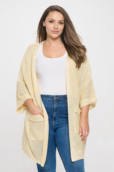 CREAM PLUS SIZE LONG SLEEVE OPEN KNITTED CARDIGAN 3-2-1