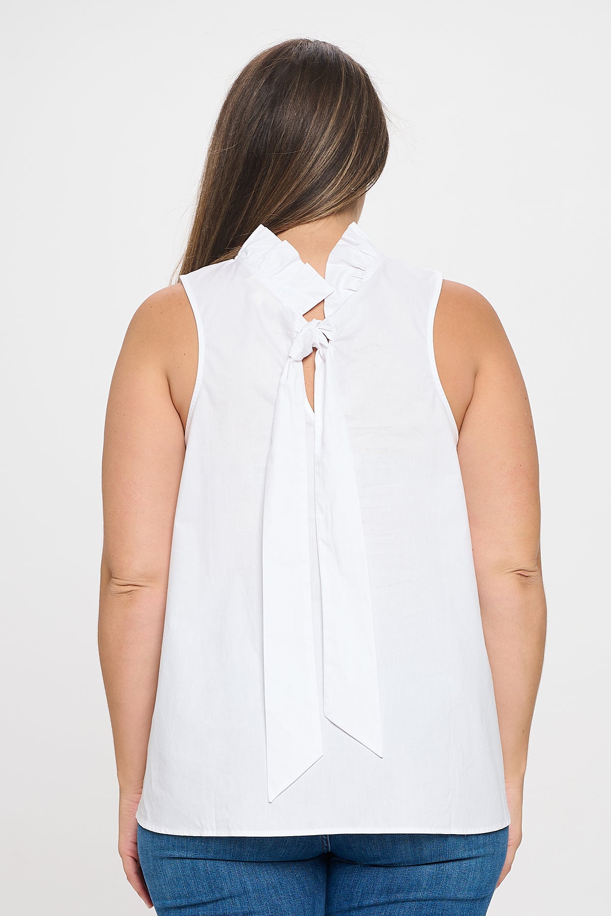 PLUS SIZE SLEEVELESS RUFFLE NECK SOLID TOP 3-2-1