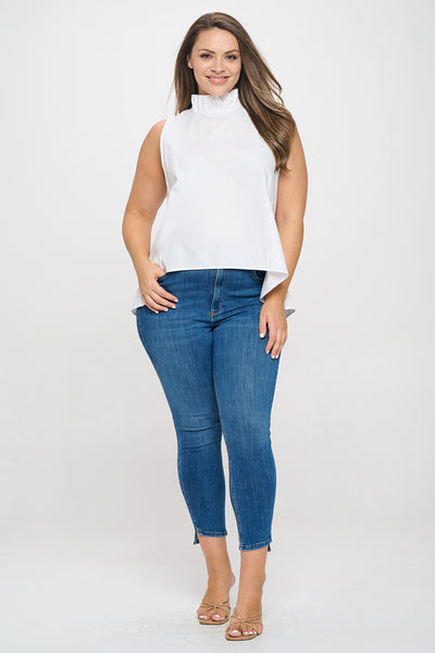 PLUS SIZE SLEEVELESS RUFFLE NECK SOLID TOP 3-2-1