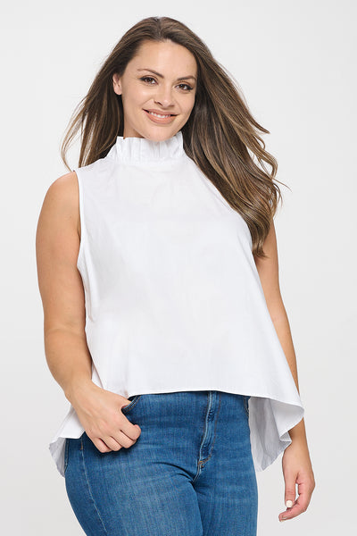 PLUS SIZE SLEEVELESS RUFFLE NECK SOLID TOP 3-2-1