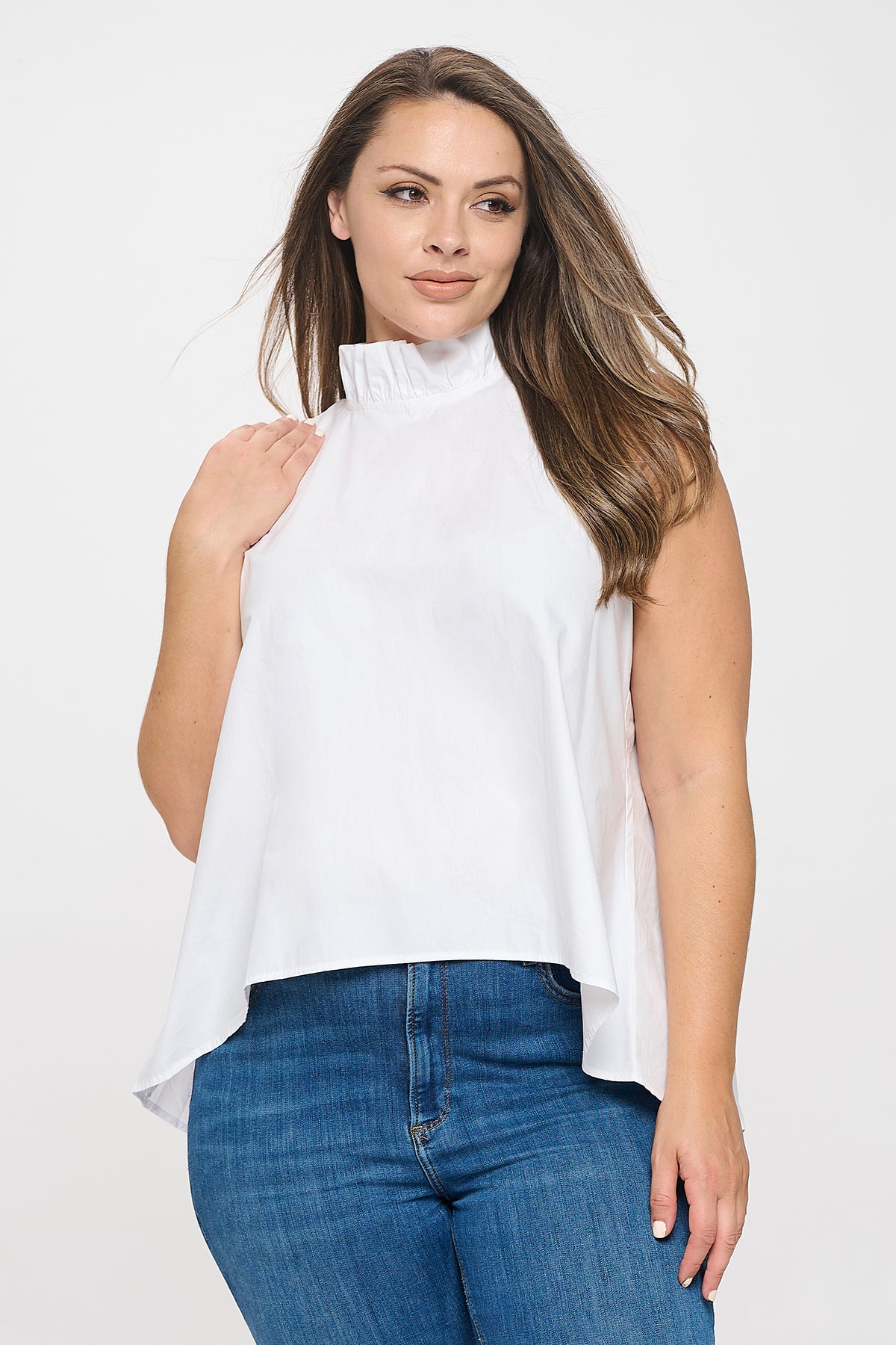 PLUS SIZE SLEEVELESS RUFFLE NECK SOLID TOP 3-2-1