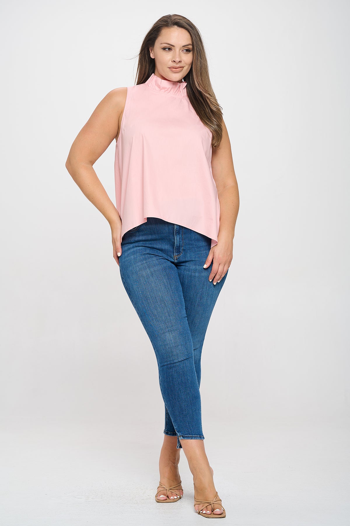 PLUS SIZE SLEEVELESS RUFFLE NECK SOLID TOP 3-2-1