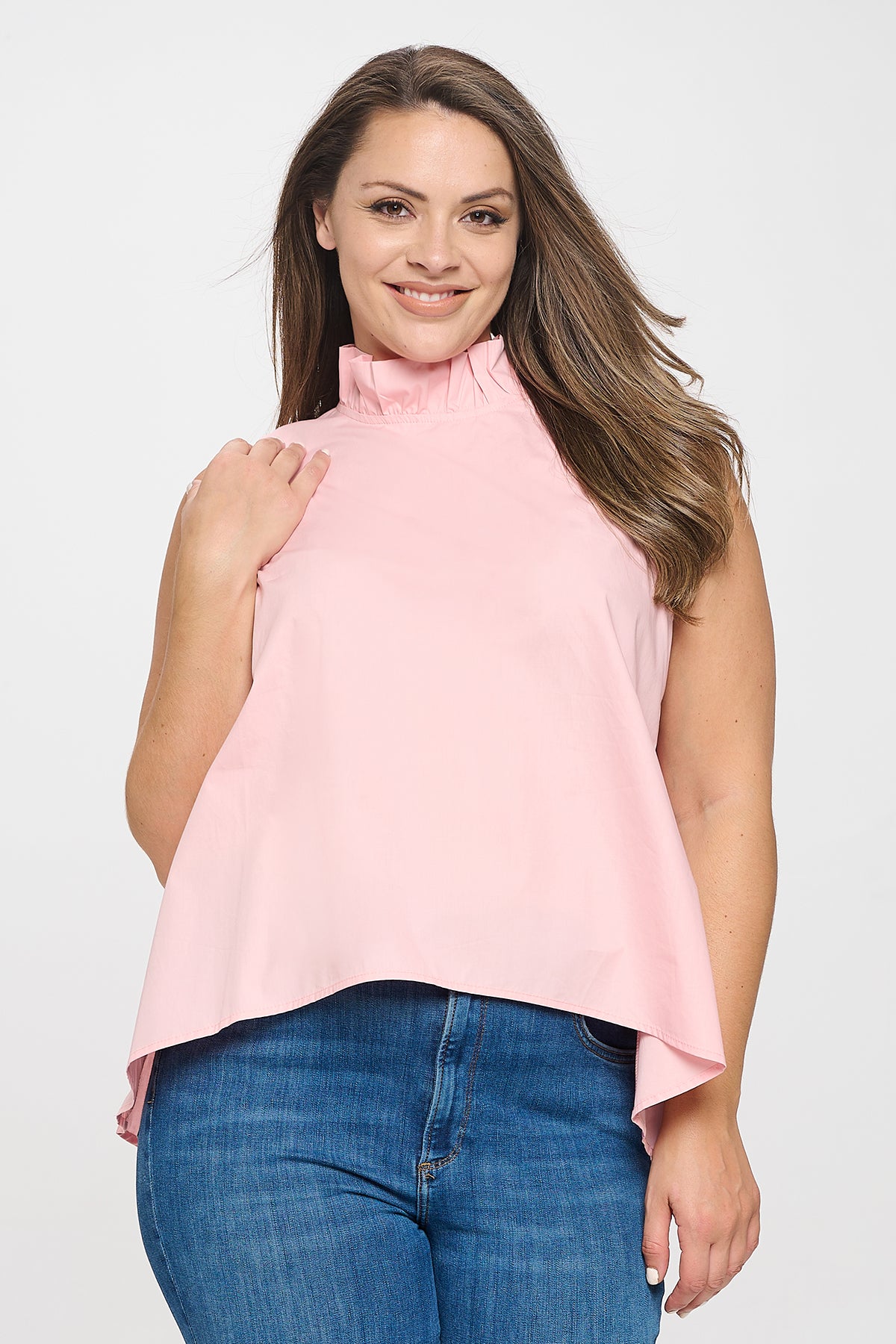 PLUS SIZE SLEEVELESS RUFFLE NECK SOLID TOP 3-2-1