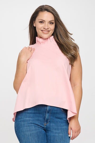 PLUS SIZE SLEEVELESS RUFFLE NECK SOLID TOP 3-2-1