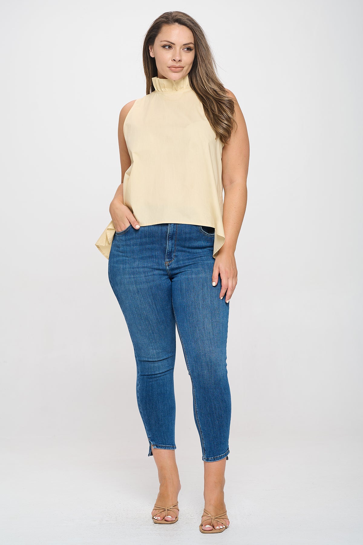 PLUS SIZE SLEEVELESS RUFFLE NECK SOLID TOP 3-2-1