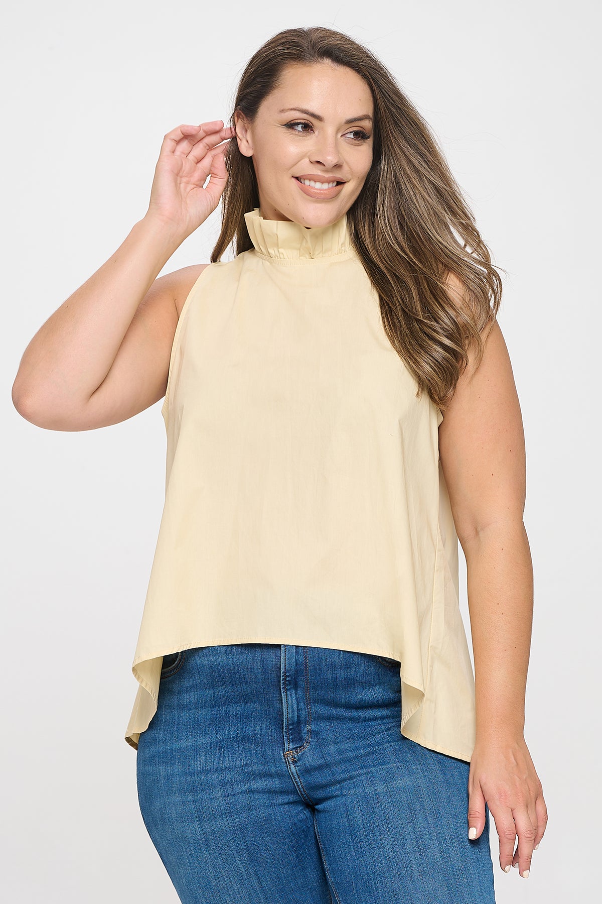 PLUS SIZE SLEEVELESS RUFFLE NECK SOLID TOP 3-2-1