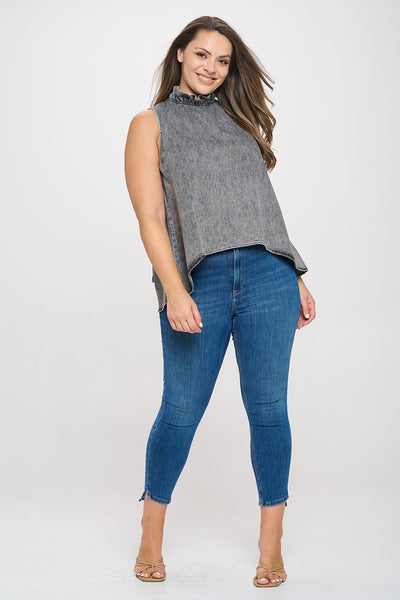 BLACK WASH PLUS SIZE SLEEVELESS RUFFLE NECK DENIM TOP 3-2-1