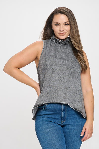 BLACK WASH PLUS SIZE SLEEVELESS RUFFLE NECK DENIM TOP 3-2-1