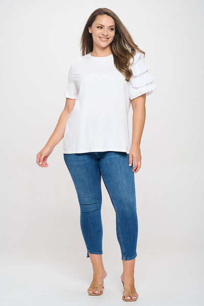 PLUS SIZE ONE SLEEVE LAYERED RUFFLE SOLID TOP 3-2-1