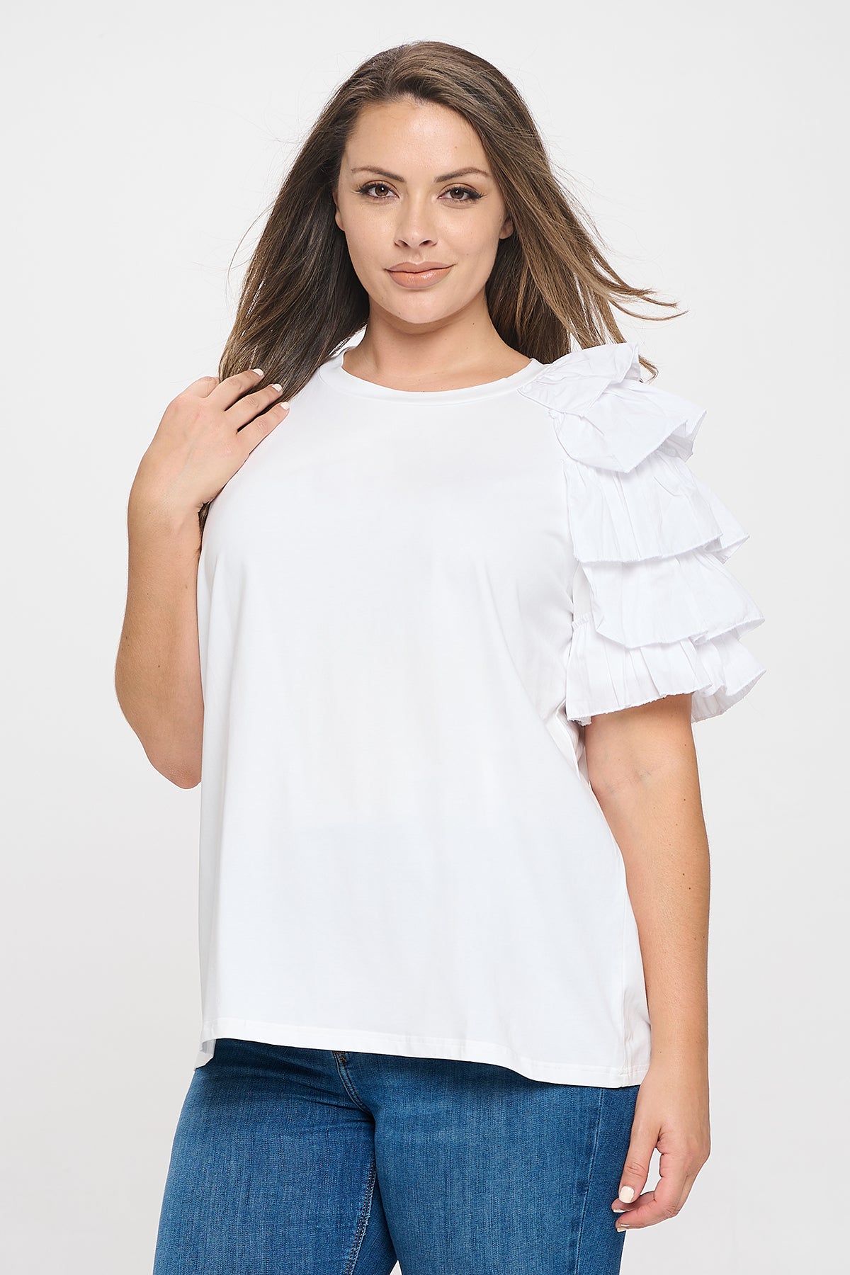 PLUS SIZE ONE SLEEVE LAYERED RUFFLE SOLID TOP 3-2-1