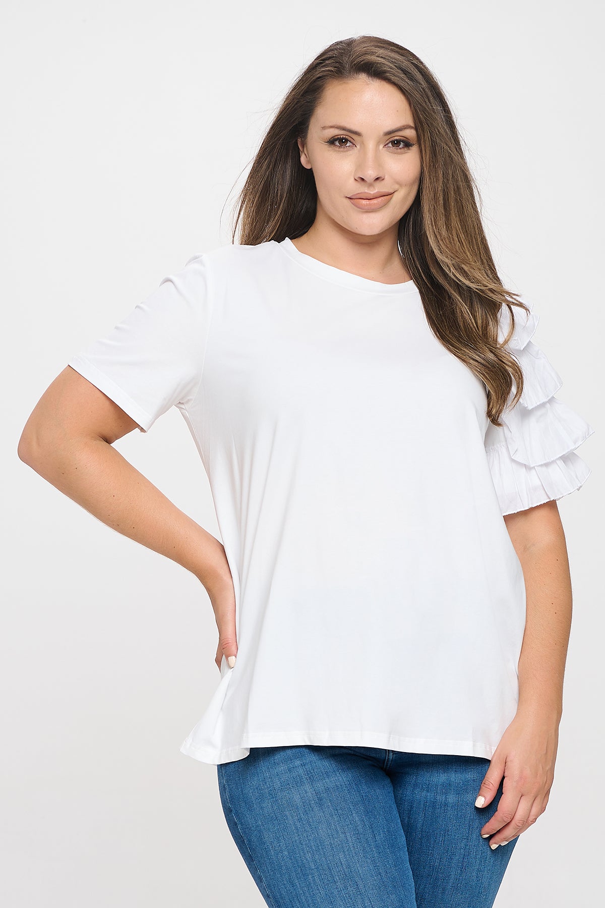 PLUS SIZE ONE SLEEVE LAYERED RUFFLE SOLID TOP 3-2-1