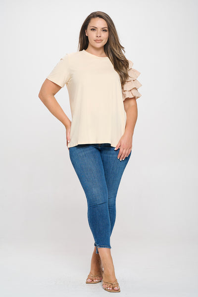 PLUS SIZE ONE SLEEVE LAYERED RUFFLE SOLID TOP 3-2-1