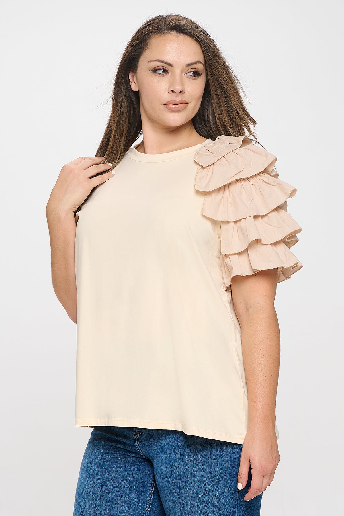 PLUS SIZE ONE SLEEVE LAYERED RUFFLE SOLID TOP 3-2-1