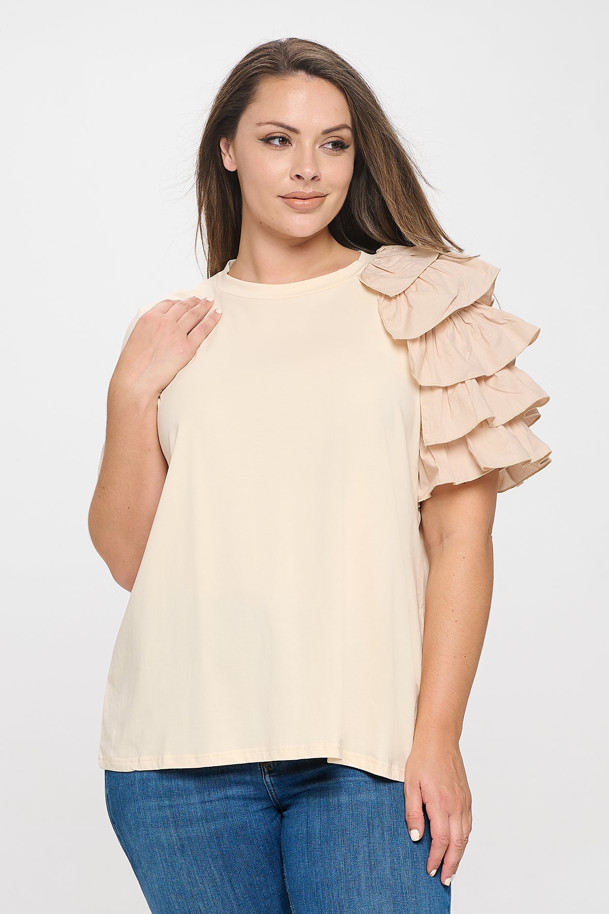 PLUS SIZE ONE SLEEVE LAYERED RUFFLE SOLID TOP 3-2-1