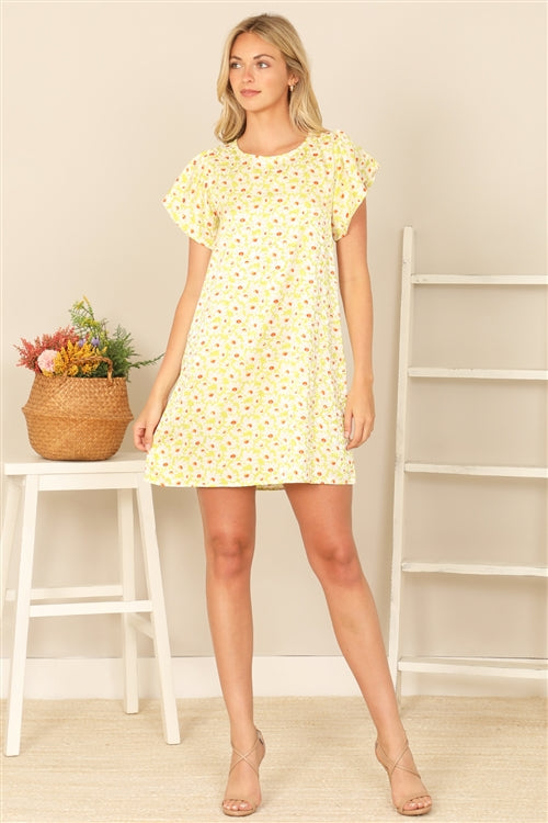 D4236-SHORT RUFFLE SLEEVE FLORAL MINI DRESS 2-2-2