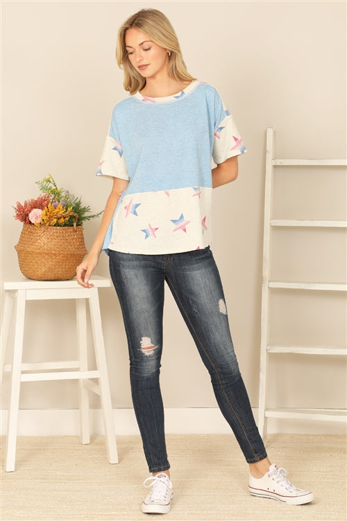 T6427-STAR CONTRAST SHORT SLEEVE TOP 1-1-1