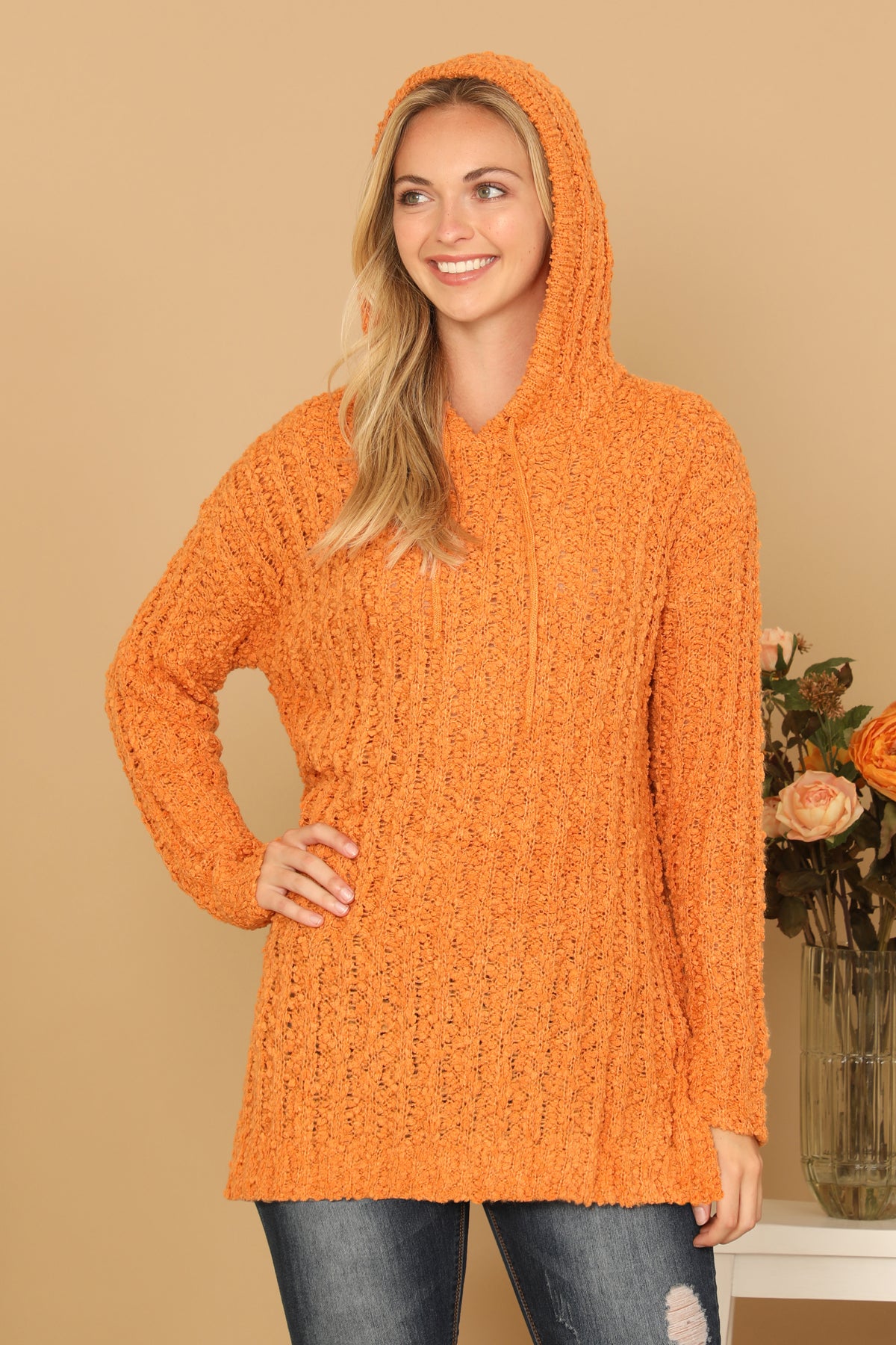 PLUS SIZE RIBBED POPCORN KNIT TUNIC HOODIE SWEATER 3-3