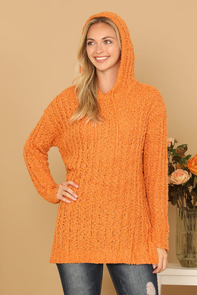 PLUS SIZE RIBBED POPCORN KNIT TUNIC HOODIE SWEATER 3-3