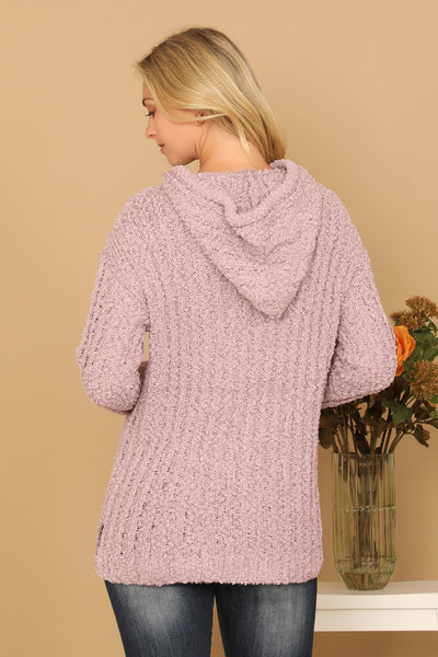 PLUS SIZE RIBBED POPCORN KNIT TUNIC HOODIE SWEATER 3-3